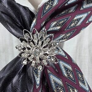 Robert Talbott Puritan Upcycled Tie Scarf Women Burgundy Gray Rhinestone Brooch